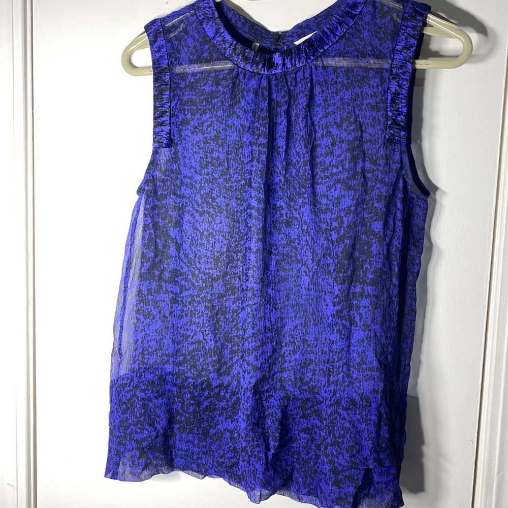 Rebecca Taylor Blue Black Abstract Print 100% Silk Sleeveless‎ Ruffle Blouse 4